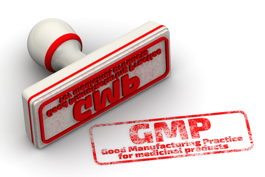 Red seal and imprint "GMP. Good Manufacturing Practice for medicinal products" on a white surface. The three-dimensional illustration. Isolated